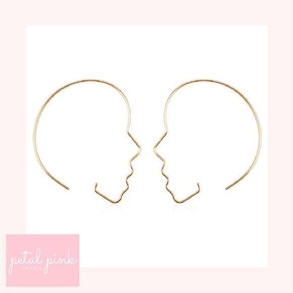 Goldtone Abstract Face Silhouette Hoops Trendy Chic Boho - Picture 3 of 5